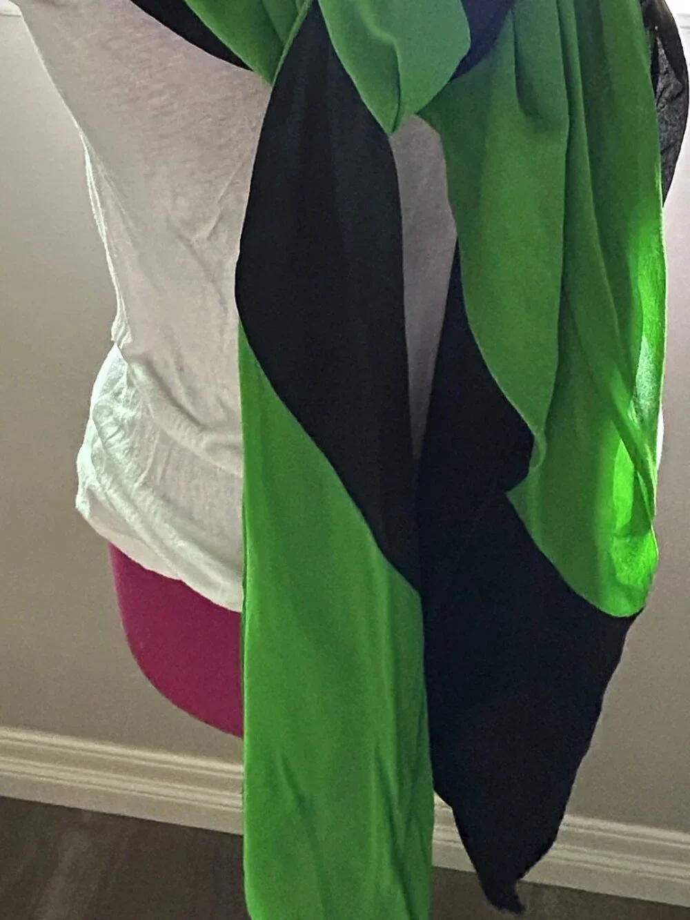 Rare X-Long Sash/Scarf/Wrap Bright Kelly Green + Black Color Block Chiffon